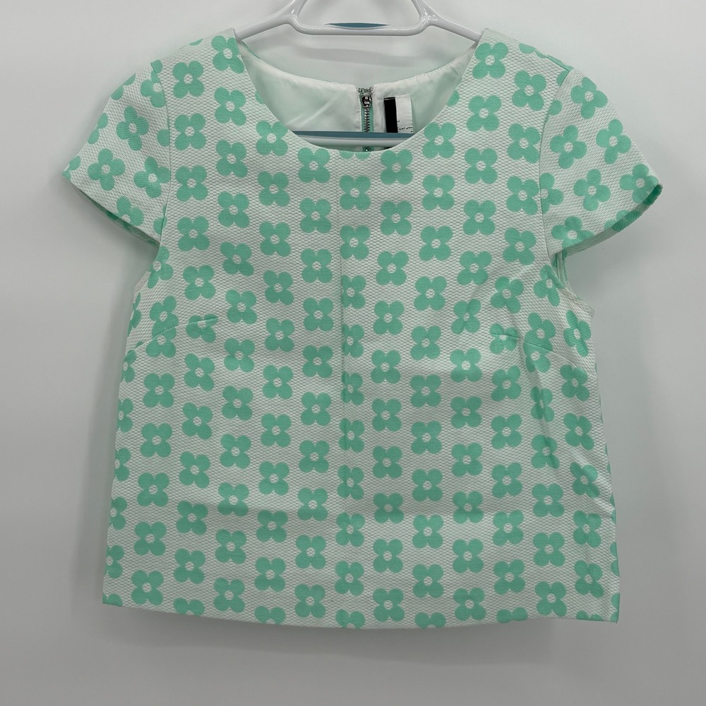 Kensie Women Mint Green Floral Jacquard Cap Sleeve Top Round Neck Zipper‎ S